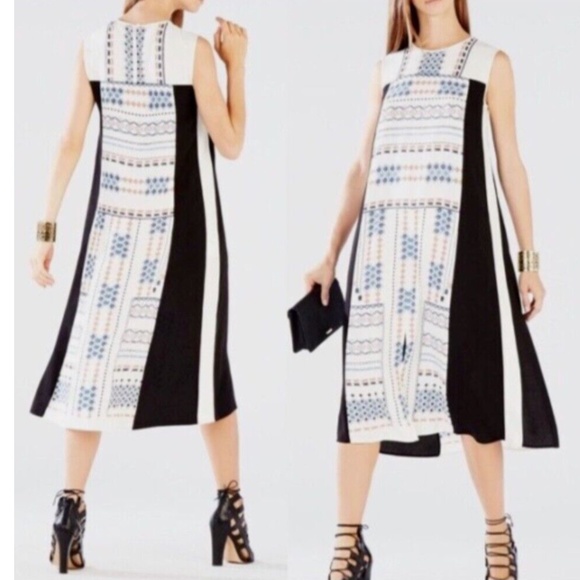 NWT BCBG MAX AZRIA BECKA BLOCK PRINT MIDI DRESS GARDENIA BCV60F05 SIZE XS - Picture 3 of 7